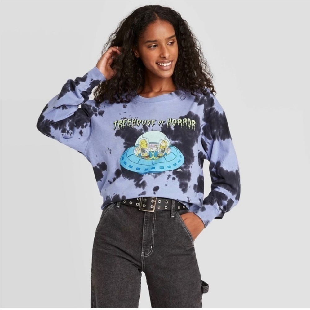 NWT XS THE SIMPSONS Treehouse of Horror Tie Dye Black/Blue Long Sleeve T Shirt